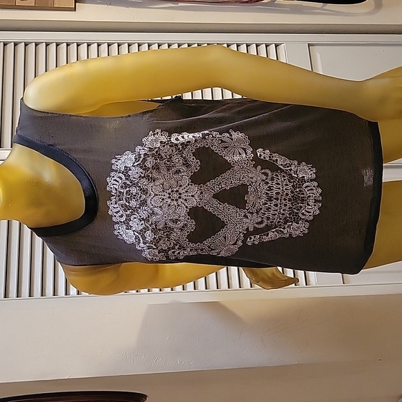 Skull Spooky Floral Gray Sheer Tank Small Fifth Sun - Picture 1 of 8
